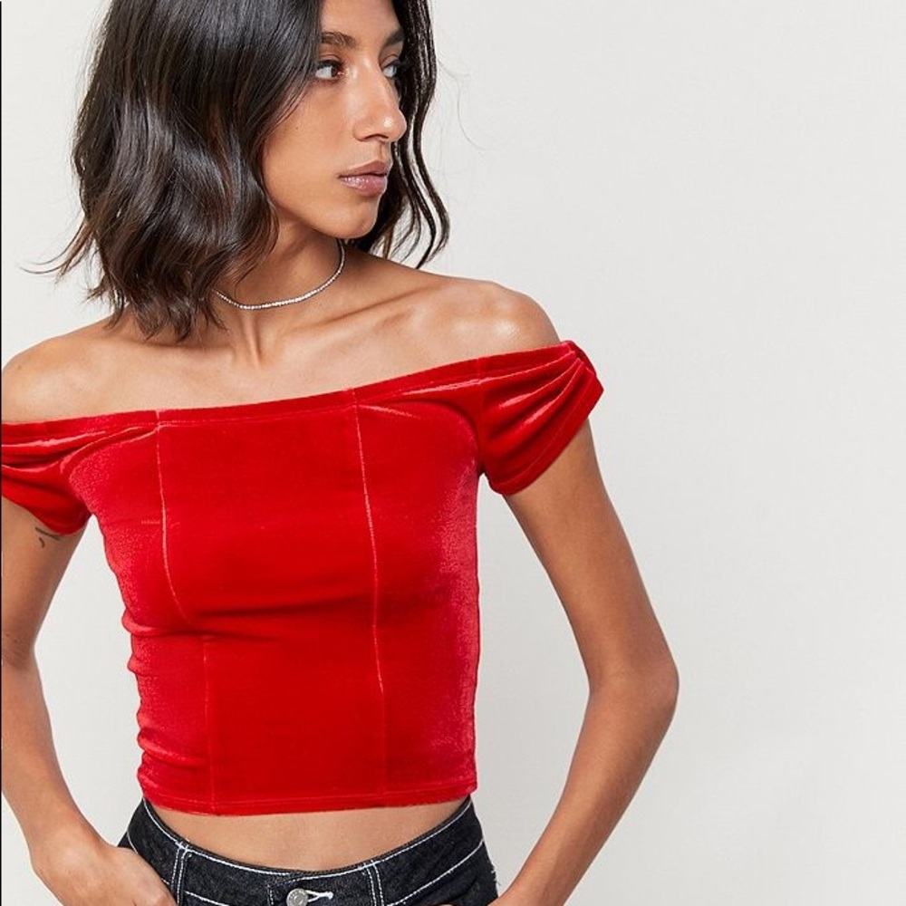 Gwendolyn Velvet Off the Shoulder Bow Sleeve Top